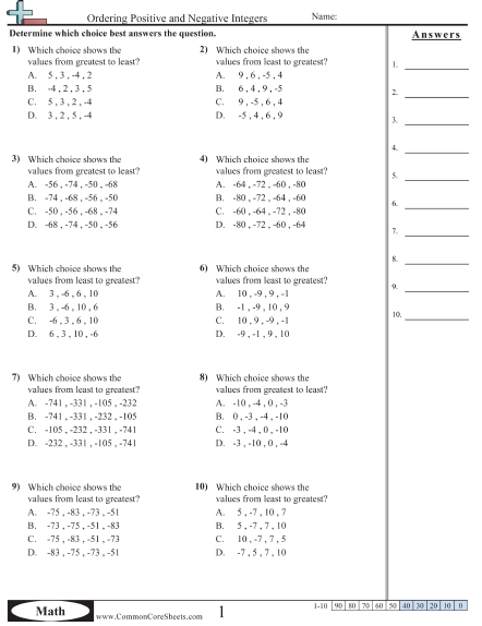 Negative Number Worksheets - Ordering Positive and Negative Integers (Multiple choice) worksheet